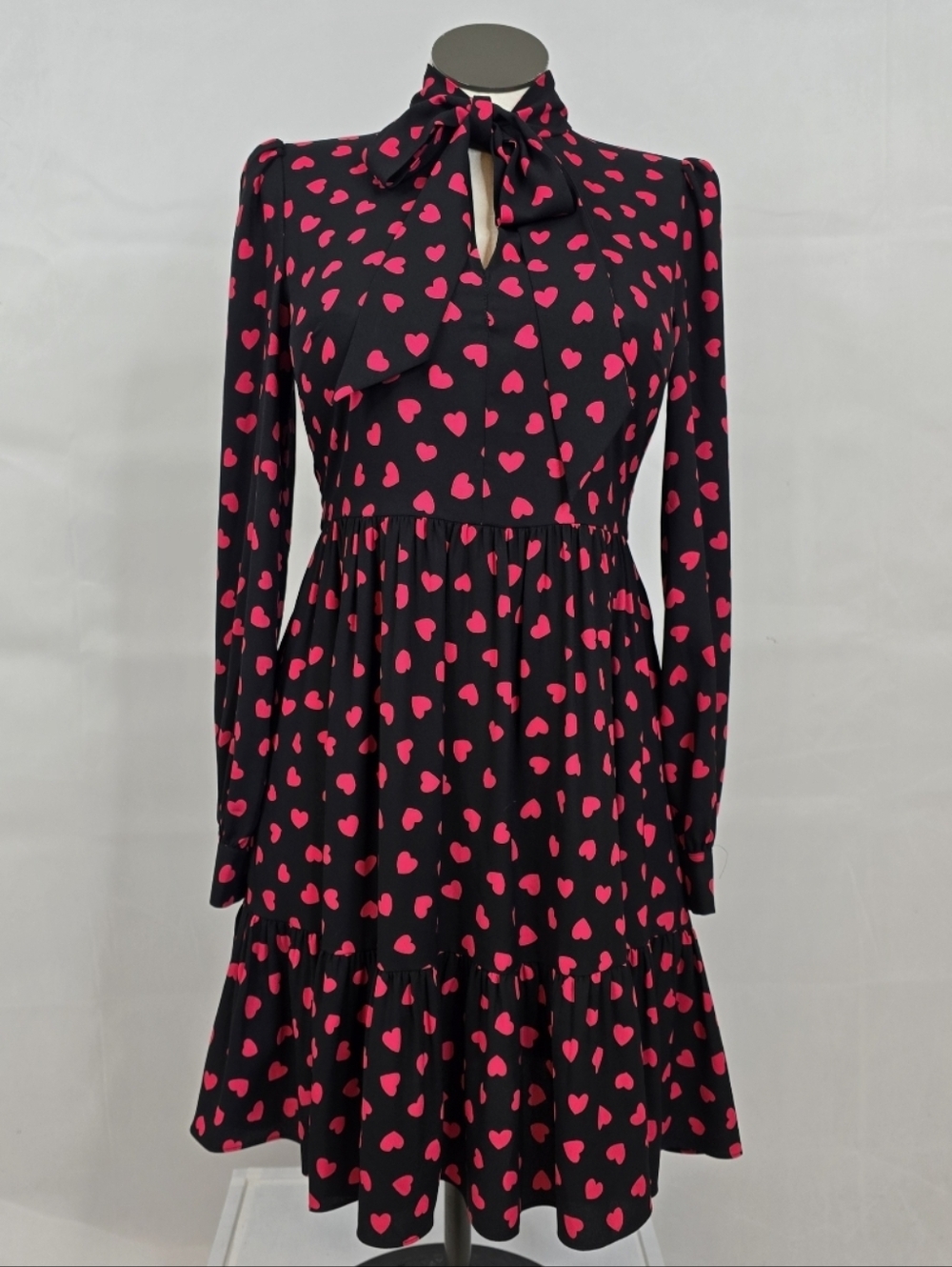 Kate Spade New York Black Pink Heart Print Tie Neck Dress Size 8